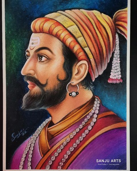 Oil Pastel God Drawings, Oil Pastel Drawings Portraits, Oil Painting On Canvas Portrait, Shivaji Maharaj Painting Canvas, Shivaji Maharaj Portrait, Chatrapati Shivaji Maharaj Drawing, Oil Pastel Art Portrait, Shivaji Maharaj Drawing, Pencil Colour Sketches