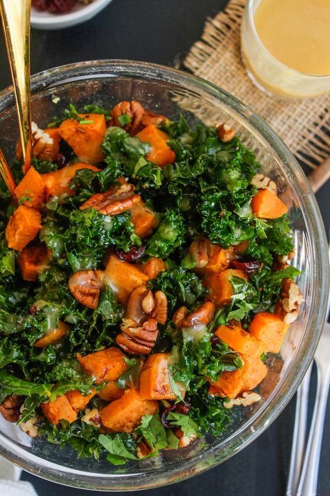 Spicy Roasted Sweet Potato & Kale Salad Kale And Sweet Potato Salad, Sweet Potato Kale Salad, Potato Kale Salad, Kale Sweet Potato Salad, Maple Tahini Dressing, Kale Potato, Sweet Potato Salad Recipe, Sweet Potato Salad, Sweet Potato Kale