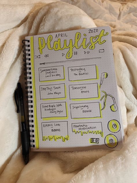 Bullet journal playlist for the month of april Monthly Playlist Bullet Journal, April Playlist, April Bullet Journal, January Bullet Journal, Easy Doodle Art, Scrapbook Stickers Printable, Bullet Journal Writing, Just Lyrics, Bullet Journal Spread