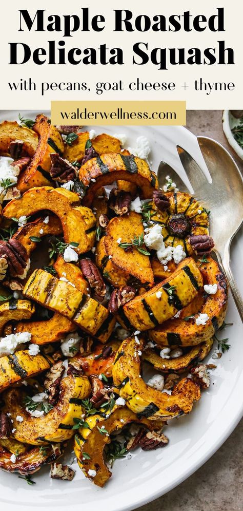 Maple roasted delicata squash rings topped with toasted pecans, goat cheese, and thyme. Fall Vegetables Recipes, Delicata Squash Recipe, Vegetarian Side Dish, Roasted Delicata Squash, Acorn Squash Recipes, Roasted Vegetable Recipes, Delicata Squash, Squash Recipe, Vegetarian Side Dishes