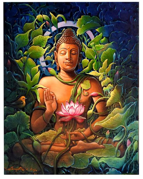 Buy Buddha Painting with Oil on Canvas by Gautam Partho Roy | IndiGalleria Buddha Painting Canvas, Buddha Canvas, Buddha Art Drawing, Kalamkari Painting, Kerala Mural Painting, Buddha Art Painting, Buddha Painting, Indian Folk Art, Buddha Image