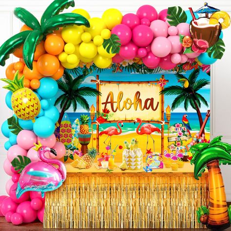 PRICES MAY VARY. 🌴151 Pcs Hawaiian Luau Party Decorations:The tropical balloon garland arch kit includes 25pcs 12 inch balloons, 75pcs 10inch balloons, 25pcs 5inch balloons, 1pcs aloha backdrop,1pcs table skirt,9pcs foil balloon,12pcs tropical palm leaves, 1pc ribbon, 100 glue points and 1pc balloon chain. Host an unforgettable Hawaiian luau party 🌴Simple Assembly: Inflate the balloons of various colors and sizes, thread them through the holes in the plastic strip, and secure them in place wit Aloha Party Decorations, Hawaii Birthday Party, Hawaiian Luau Party Decorations, Pool Party Supplies, Hawaii Theme, Pool Party Themes, Luau Party Supplies, Beach Pool Party, Luau Party Decorations