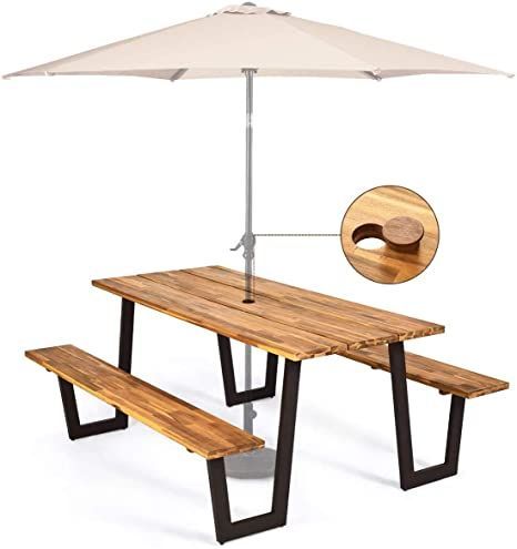 HAPPYGRILL Outdoor Picnic Table Bench Set with Wooden Top & Steel Frame, Patio Dining Picnic Table Set with Umbrella Hole for Garden Backyard Wood Outdoor Dining Table, Picnic Table With Umbrella, Outdoor Dining Table Setting, Beer Table, Picnic Table Bench, Wooden Picnic Tables, Table And Bench Set, Picnic Bench, Table Bench