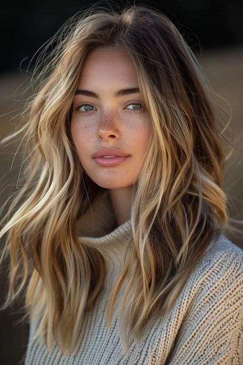 Portrait of a young woman with sun-kissed freckled skin and tousled blonde hair wearing a cozy sweater. Blonde Highlights Shag Hair, Light Hair Dark Eyebrows, Brunette Summer Hair Color, Brunette Summer Hair, Summer Hair Color Ideas, Rambut Brunette, Blonde Hair Transformations, Brunette Balayage Hair, Balayage Brunette