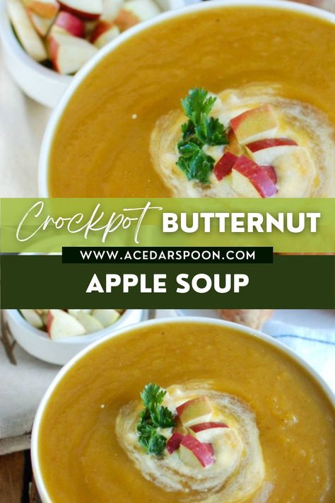 Slow Cooker Butternut Squash Apple Soup is a creamy fall soup that will warm you up. Butternut squash, apples and spices simmer in the crockpot to create an easy meal that is healthy and makes a nice lunch or addition to a dinner. // A Cedar Spoon Butternut Squash Soup Slow Cooker, Crockpot Butternut Squash, Slow Cooker Butternut Squash, Squash Apple Soup, Butternut Squash Apple Soup, Butternut Squash Apple, Cream Soup Recipes, Easy Fall Recipes, Apple Soup