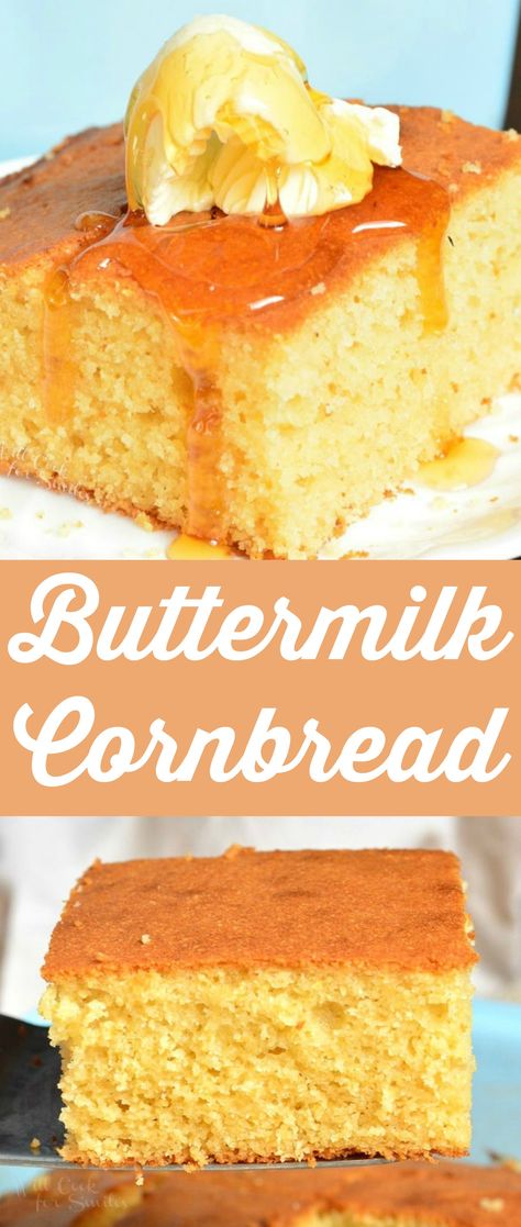 Buttermilk Cornbread is a delicious, simple bread option to serve with dinner. This cornbread is soft and moist on the inside with a little crunch on the top. Cornbread is made with buttermilk and slightly sweetened with honey and sugar.#cornbread #buttermilk #easy #quickbread #sidedish Cornbread Buttermilk, Easy Buttermilk Cornbread, Buttermilk Cornbread Recipe, Homemade Buttermilk Cornbread, Cornbread Recipe Sweet, Buttermilk Bread, Simple Bread, Buttermilk Cornbread, Jiffy Cornbread