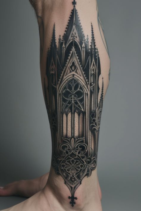 Explore the intriguing world of Gothic cathedral tattoos with our curated collection of unique designs and ideas. Embrace the intricate beauty and majestic architecture of these timeless structures in your next tattoo. Whether you're drawn to stained glass windows, towering spires, or ornate details, there's a gothic cathedral tattoo design waiting to inspire you. Let the ethereal allure of these sacred buildings become a permanent piece of art on your skin. Gothic Style Tattoo Men, Cathedral Tattoos, Cathedral Tattoo Design, Gothic Cathedral Tattoo, Gothic Windows Tattoo, Cathedral Tattoo, Majestic Architecture, Ethereal Tattoos, Masculine Tattoos