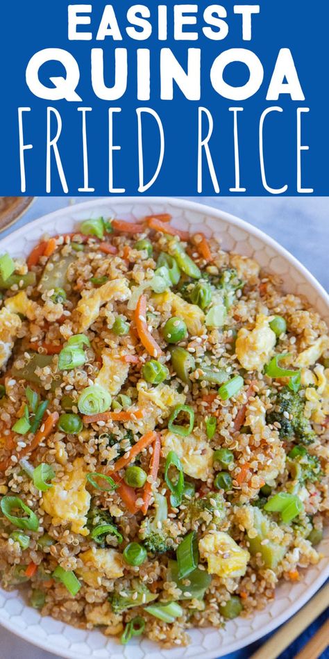 This is the Easiest Quinoa Fried Rice Recipe! Frozen veggies are used to cut down on time and money, so this protein packed vegetarian quinoa fried rice is perfect for a last minute dinner or lunch! Enjoy as a main dish with some extra tofu, or eat as a side dish to your favorite protein. #friedrice #quinoarecipe #quinoafriedrice #easydinner #frozenvegetables #vegetarian Quinoa Fried Rice Recipe, Quinoa Fried Rice, Easy Quinoa, Vegetarian Quinoa, Vegan Meal Plans, Frozen Veggies, Treat Ideas, Vegan Meal, Fried Rice Recipe