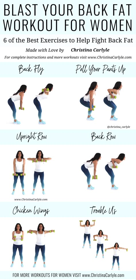 The best back Exercises with dumbbells for women that really work. Together these back exercises make a quick and easy Workout you can do at home or the gym. It's perfect for beginners and busy women that want to get rid of back fat. https://christinacarlyle.com/back-exercises-dumbbells-women/ Exercises With Dumbbells, Good Back Workouts, Workout Man, Back Fat Workout, Workout For Women, Fat Workout, Back Fat, At Home Workout Plan, Fat To Fit