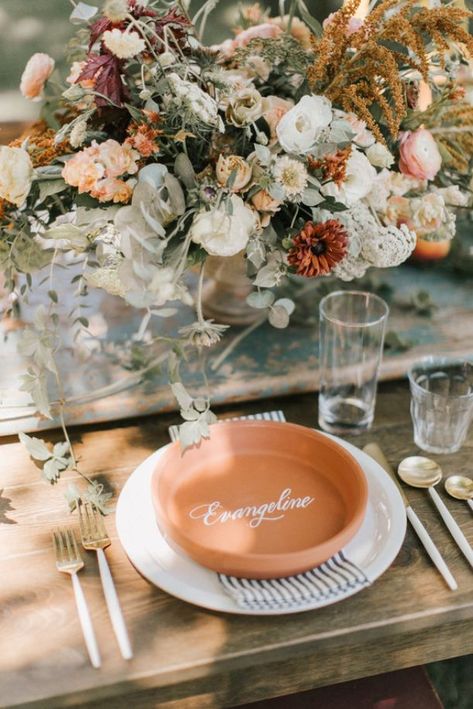 50+ Terra Cotta Wedding Ideas You'll Love! | The Perfect Palette #weddingcalligraphy #weddingescortcardideas Terra Cotta Wedding, Wedding Table Menus, Fall Barn Wedding, Wedding Table Designs, Boda Mexicana, Wedding Place Settings, Neutral Wedding, Wedding Table Settings, Wedding Tablescapes