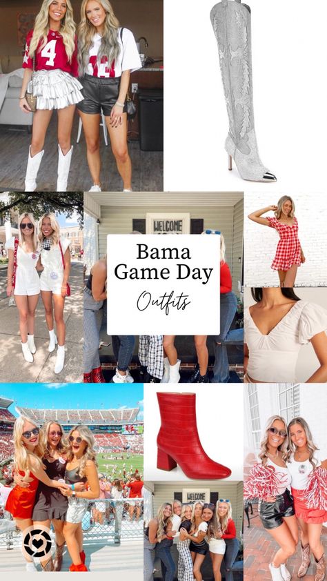 Alabama Game day outfits! Bama game day outfits, football outfits, Alabama game day, sec football, sorority girls football game outfits, red football outfit, red game day outfits, red boots, sparkly cowboy boots, white and red outfits, red black and leather outfits, phi mu game day outfits, alpha gam game day outfits, fall football, #LTKBacktoSchool Follow my shop @Its_Lindsay_Rose on the @shop.LTK app to shop this post and get my exclusive app-only content! #liketkit #LTKstyletip #LTKSeas Alabama Gameday Outfit Cold, Coach Game Day Outfit, Alabama Football Game Outfit, Bama Game Day Outfit, Sparkly Cowboy Boots, Alabama Gameday Outfit, Alabama Football Game, Bama Gameday, Alabama Game Day