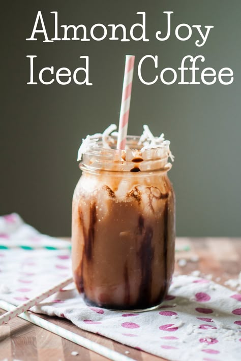 It's iced coffee season! This Almond Joy Iced Coffee features chocolate, almond and coconut flavoring to make the most delicious, creamy coffee drink. Perfect for summer. Coffee Blends Recipes, Spring Coffee Drink Ideas, Summer Coffee Recipes, Coconut Coffee Recipe, Spring Iced Coffee, Summer Coffee Flavors, Almond Milk Iced Coffee Recipe, Almond Joy Iced Coffee, Almond Joy Coffee Creamer