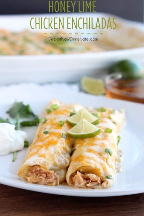 Honey Lime Chicken Enchiladas are mild and sweet, and use canned, shredded, or rotisserie chicken. Super easy and a recipe the whole family will enjoy! Honey Lime Chicken Enchiladas, Honey Lime Enchiladas, Lime Chicken Recipes, Can Chicken Recipes, Honey Lime Chicken, Spicy Honey, Honey Chicken, Honey Lime, Lime Chicken