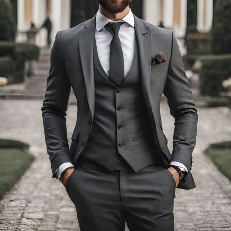 Elegant Suits Men Wedding, Mens Suit For Engagement, Men’s Suit For Wedding Groom, Grooms Man Suits Wedding Ideas, Dark Grey Suits For Men Wedding, Dark Gray Groom Suit, Grey Mens Suit Wedding, Dark Gray Wedding Suit, Men’s Grey Suit