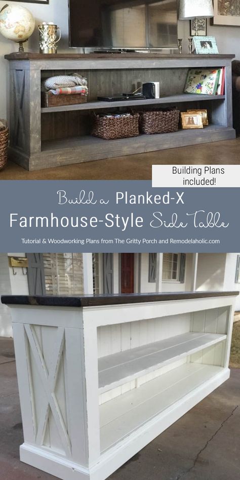 This farmhouse TV console is perfect for storing your electronics, or use it in the dining room as a sideboard to hold serving dishes and decor. Solid wood farmhouse TV stand designed by The Gritty Porch with woodworking plans by Remodelaholic. #remodelaholic #buildingplan #woodworkingplans #farmhouse #tvstand #farmhousefurniture Farmhouse Furniture Diy, Farmhouse Tv Console, Diy Farmhouse Decoration, Tv Consoles, Free Building Plans, Style Sideboard, Tv Console Table, Farmhouse Tv Stand, Console Tv