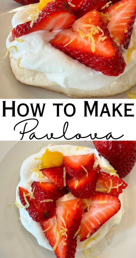 Its stunning dessert is easier to make than you think! I'm walking you though how to make pavlova step by step. #howtomakepavlova How To Make Pavlova, Pavola Desserts Easy, Lemon Curd Pavlova Recipe, Pavlova Lemon, Pavlova Flavors, Strawberry Rhubarb Pavlova, Pavlova With Lemon Curd, German Dessert, Pavlova With Lemon Curd And Berries