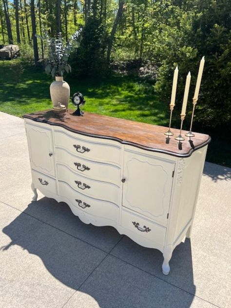 Dreamy french provincial buffet in creamy white with dark walnut stained mahogany top.  Original hardware with new velvet liner in top center drawer.  Six drawers and 2 cabinets provide tons of storage.  A beautiful addition to any room or great entryway piece. White Dresser Stained Top, French Provential Furniture, Painting Vintage Furniture, Buffet Refinishing Ideas, Refurbished French Provincial Dresser, Painted White Furniture, French Provincial Furniture Makeover, Painted Buffet Ideas, Rococo Room