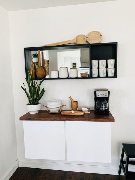 Floating Shelf Coffee Station, Floating Bar Cabinet, Floating Countertop Kitchen, Floating Coffee Bar, Bar With Floating Shelves, Bar Shelf Ideas, Mini Fridge Bar, Optometry Practice, Decor Floating Shelves