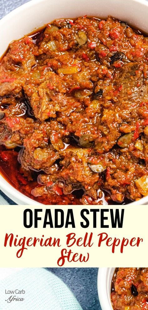 Ofada stew, also known as ayamase stew or designer stew, is a delectable Nigerian stew made with palm oil, iru, green, and red bell peppers. Serve with cauliflower rice for a delicious African keto lunch or dinner! | Nigerian food | African food | African recipes Nigerian food | authentic African recipes | African keto recipe |  LowCarbAfrica.com Ofada Stew, Nigerian Stew, Recipes African, Nigeria Food, African Recipes Nigerian Food, West African Food, Nigerian Recipes, African Cooking, Ethiopian Food