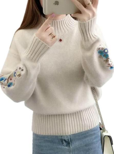 Women Embroidery Turtleneck Sweater Long Sleeve Knit Ladies Turtleneck Sweaters, Floral Outfit, Womens Turtleneck, Knitting Women Sweater, Women Sleeve, Sweater Women, Knitted Pullover Sweaters, Beautiful Embroidery, Long Sweaters