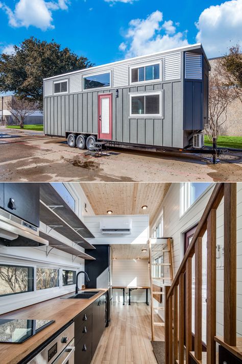 Farrell Tiny House Features a Stand-up Loft and an Office Space Tiny House Large Windows, Tiny House Big Windows, Tiny House Tall Ceiling, Tiny House On Wheels Loft, Two Loft Tiny House On Wheels, Tiny House Interior Design, Best Tiny House, House Dream, Tiny House Kitchen