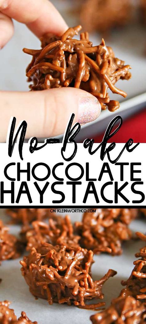 No-Bake Chocolate Haystacks are a classic holiday treat. They are easy to make with just 4 ingredients, PLUS they keep well when included in care packages. Christmas Candy Haystacks, Hay Stack Candy, Recipe For Haystacks, Chocolate Pretzel Haystacks, Caramel Haystacks Recipe, Easy Haystack Recipe, Haystacks Recipe Chocolate, Haystack Candy Recipe, No Cook Christmas Treats