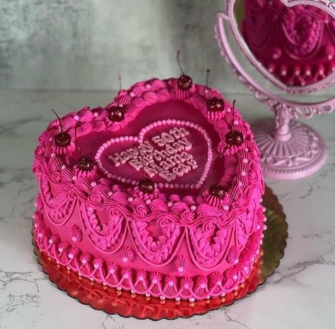 dark pink cake design red cherries heart tier Dark Pink Cake, Pink Cake Design, Heart Birthday Cake, Bolo Vintage, 23 Birthday, 12th Birthday Cake, 17 Birthday Cake, Hot Cake, 25th Birthday Cakes