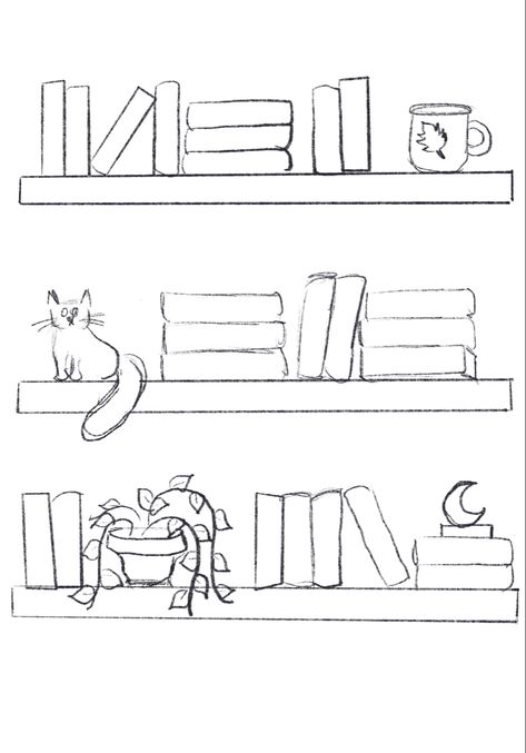 bookshelves, books, mugs, cat, decor plant ✨🪴 Book On Shelf Drawing, Drawing Of A Bookshelf, How To Draw A Stack Of Books Easy, Drawing Of Bookshelf, Shelf With Books Drawing, Books On Shelves Drawing, Drawings Of Books On Shelf, Simple Library Drawing, Book Case Drawing