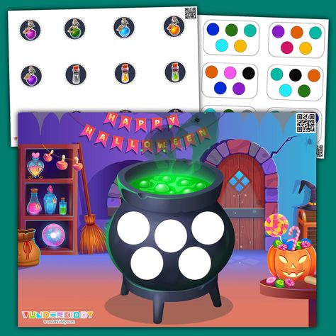 A fascinating Velcro game for preschoolers «Witch's Cauldron» is meant to develop memory and logical thinking. The task of the preschool pattern activity is to brew a magic potion from five different components that need to be selected. Print out the pattern worksheets for kindergarten in pdf and cut out all the round cards. Then take 5 cards of different colors and give them to your child. The child is to find the potion components of the same color as given. To complete the task, place the ... Preschool Pattern Activities, Round Cards, Pattern Worksheets For Kindergarten, Handwriting Worksheets For Kids, Printable Math Games, Preschool Patterns, Witch's Cauldron, Kindergarten Math Games, Printable Games For Kids