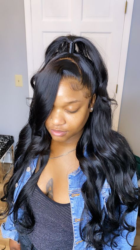 Highlights Half Up Half Down Weave, Lace Frontal Half Up Half Down, Lace Front Half Up Half Down Swoop, Frontal Wig Hairstyles Straight Half Up Half Down, Half Up Half Down Weave With Bangs, Half Up Frontal Hairstyles, Half Up Frontal Wig, Half Up Half Down Hairstyles Lace Wig, Half Up And Down With Swoop