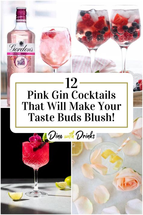 Collage of 4 pink gin cocktails. Pink Gin Recipes Cocktails, Pink Gin Fizz, Pretty Gin Cocktails, Pink Gin Spritz, Beefeater Pink Gin Cocktails, Pink Gin Drinks, Pink Gin And Tonic, Pink Gin Cocktails Recipe, Pink Cocktails Recipes