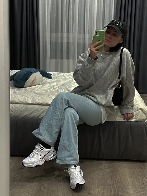 Grey Nike Shoes Outfit, Gray Sweatshirt Outfit Aesthetic, Nike Air Monarch Iv Outfit Woman, Nike Initiator Women Outfit, Nike V2k Run Women Outfit, Mk2 Tekno Outfit, Nike Mk2 Tekno Outfit, Nike Initiator Outfit, Nike Air Monarch Iv Outfit