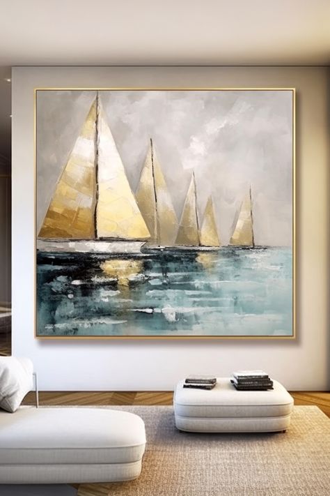 Original handmade sailboat painting depicting golden sailboats on turquoise waters, perfect for nautical wall decor Abstract Nautical Art, Boat Painting Abstract, Painting For Wall Decor, Painting For Wall, Nautical Painting, Sailboat Art, Sailboat Painting, Nautical Wall Art, Boat Painting