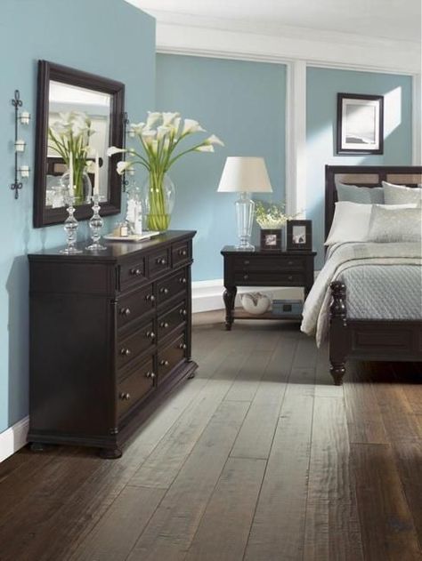 brown colors and light blue color design, modern interiors                                                                                                                                                                                 More #BedroomIdeas Dark Wood Bedroom Furniture, Dark Wood Bedroom, Dark Brown Furniture, Walls Ideas, Balinese Decor, Dark Wood Furniture, Beautiful Bedrooms Master, Painting Walls, Wood Bedroom Furniture