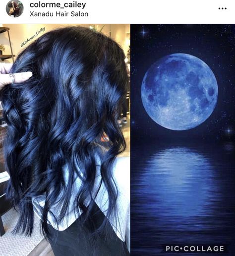 Blue Sapphire Hair Color, Midnight Blue Hair With Highlights, Dark And Blue Hair, Blurple Hair Color, Midnight Blue Black Hair Color, Brown To Blue Hair, Makeup For Blue Hair, Midnight Dark Blue Hair, Colors For Blue Eyes