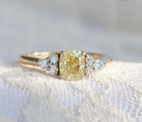 Canary Yellow Diamonds, Wedding Ring Cushion, Cushion Cut Diamond Engagement Ring, Yellow Diamond Ring, Canary Diamond, Yellow Cushion, Cushion Cut Diamond Ring, Ring Elegant, Yellow Diamond Rings