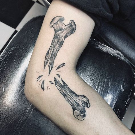 Bone Break Tattoo, Elbow Side Tattoo, Hinge Tattoo Elbow, Skull On Elbow Tattoo, Inner Elbow Tattoo Ideas, Moving Elbow Tattoo, Scraped Knee Tattoo, Inner Elbow Tattoo Men, Knocked Loose Tattoo