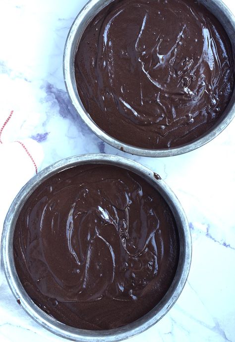 chocolate cake batter in pans Cake Batter From Scratch, Best Homemade Chocolate Cake, Chocolate Cake Recipe From Scratch, Chocolate Cake Batter, Cake Batter Recipes, Cake Recipe From Scratch, Chocolate Cake Frosting, Chocolate Cake From Scratch, Chocolate And Vanilla Cake