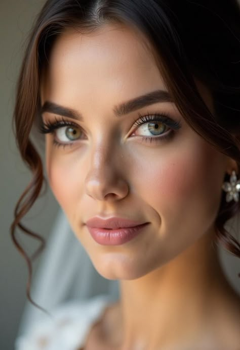 bridal makeup for brunettes Soft Autumn Eye Makeup, Neutral Makeup For Green Eyes, Natural Makeup Wedding Brunette, Confident Makeup, Makeup For Brunettes, Airbrush Makeup Wedding, Bridal Makeup For Brunettes, Brunette Bride, Brown Hair Green Eyes