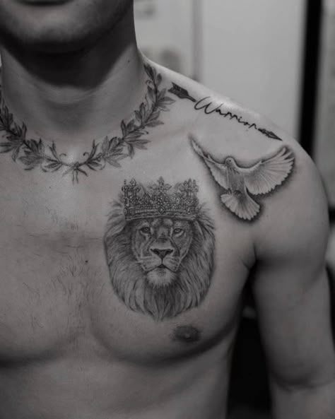 Lion With Crown Chest Tattoo, Lion On Chest Tattoo, Lion Pec Tattoo, Men’s Lion Chest Tattoo, Dove Tattoo Chest, Animal Chest Tattoo Men, Lion Chest Tattoo Men, Laurel Crown Tattoo, Lion Tattoo Chest