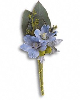 Hero's Blue Boutonniere Boutonniere Wildflower Corsage, Blue Boutonniere, Prom Corsage And Boutonniere, Wedding Party Flowers, Blue Delphinium, Corsage And Boutonniere, Corsage Prom, Prom Flowers, Dusty Miller