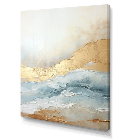 Designart "Beige Blue Gold Ocean Storm" Abstract Shapes Wall Art - Bed Bath & Beyond - 39985380 Diy Window Shades, Recycled Artwork, Shapes Wall Art, Abstract Ocean Painting, Ocean Storm, Abstract Art Collection, Abstract Art Inspiration, Gold Leaf Painting, Diy Window