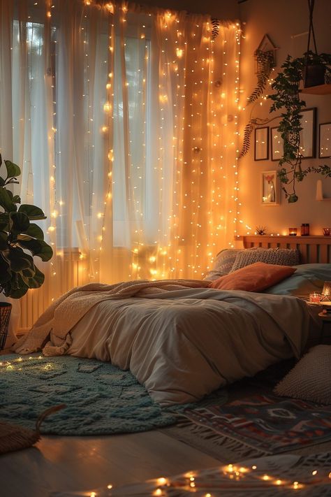 29 Romantic Bedroom Ideas 13 Magical Fairy Bedroom, Bedroom With Fairy Lights Ideas, Bedroom Fairy Light Ideas, Fairy Lights Curtain, Ethereal Room, Ethereal Theme, String Lights Bedroom, Fairy Lights Room, Boho Bedrooms