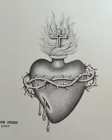 Sacred Heart Tattoo Design, Sacred Heart Tattoo, Sacred Heart Tattoos, Flower Tattoo Drawings, Single Needle Tattoo, Creepy Drawings, Heart Tattoo Designs, Tattoos Art, Scripture Art