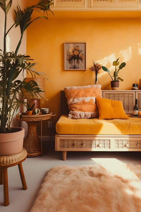 Bright and inviting boho living room featuring wicker furniture, orange couch cushion, accent pillows, green plants, and a fluffy orange rug, bathed in natural daylight. Honey Wall Color, Japandi Yellow, Orange Aesthetic Room, Sunshine Bedroom, Bohemian Living Room Decor, Orange Rooms, Storage Solutions Bedroom, Living Room Orange, Yellow Room