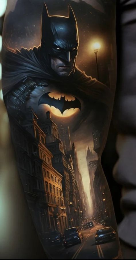 Batman Tattoo For Men Sleeve, The Batman Tattoo, Batman Tattoo Sleeve, Batman Tattoo, Joker Tattoo, Superhero Art, Custom Artwork, Sleeve Tattoos, Tattoos For Guys