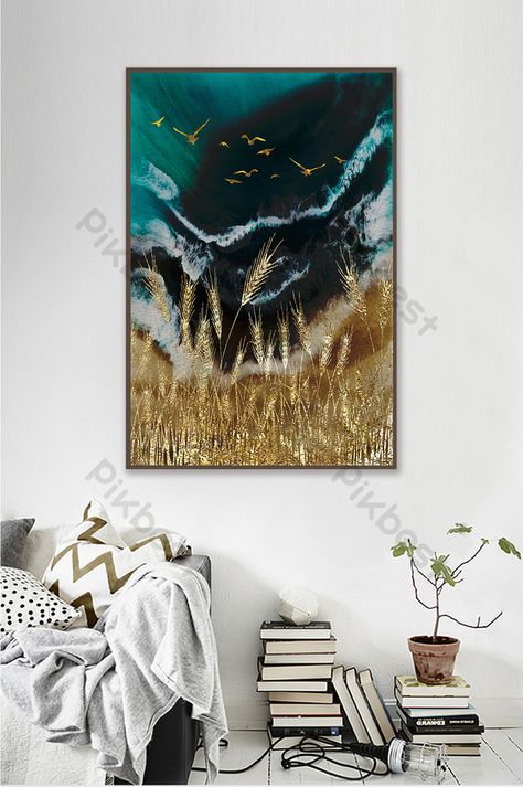 Golden Image, Gold Foil Painting, Foil Painting, Painting Mural, Gold Foil Art, Wedding Stage Design, Sofa Decoration, Gold Leaf Art, Chinese Landscape