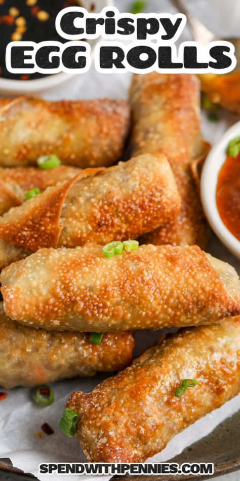 When it comes to tasty appetizers, this egg roll recipe is sure to be a favorite. It's easy to make an egg roll in a bowl with ground pork and cabbage filling, but egg roll wrappers make them such a tasty treat! Whether this recipe is made in the oven, air fryer, or deep fryer, it is sure to be a hit so feel free to mix it up according to preference. Serve with a tasty sesame dipping sauce. #eggroll #friedeggrollrecipe #spendwithpennies #airfryerrecipe Egg Roll Dough Recipe, Ground Pork And Cabbage, Sesame Dipping Sauce, Zucchini Latkes, Eggroll Recipe, Egg Roll Recipe, Tasty Appetizers, Homemade Egg Rolls, Oven Air Fryer