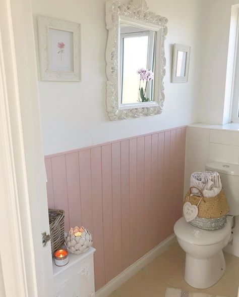 Pink Wall Panelling Bathroom, Pink Downstairs Toilet Ideas, Pink Panelled Walls, Pink Understairs Toilet, Pink Cloakroom Toilet, Downstairs Toilet Ideas Pink, Pink Panelling Bathroom, Panelled Toilet, Pink Downstairs Toilet