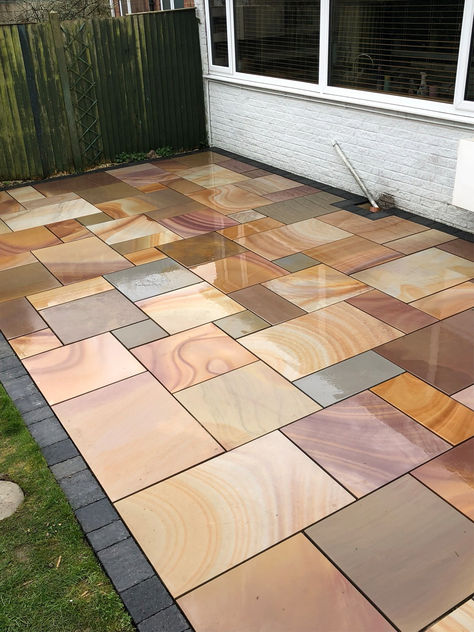 indian sandstone patio Sandstone Patio, Garden Slabs, Sandstone Paving Slabs, Indian Sandstone, Sandstone Paving, Patio Slabs, Back Garden Design, Garden Paving, Patio Garden Design